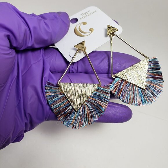 Boho Multicolor Fan Earrings w/ Gold tone Triangle Post Statement Women Jewelry - Picture 9 of 10